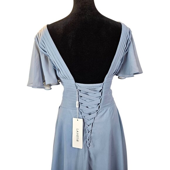 Lavetir Womens Dusty Blue Pleated V-Neck Chiffon Midi Dress Size 4 Lace-Up Back - Picture 4 of 12